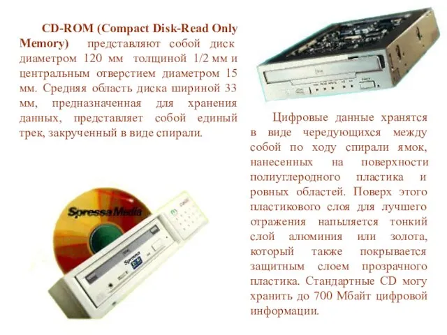 CD-ROM (Compact Disk-Read Only Memory) представляют собой диск диаметром 120 мм толщиной