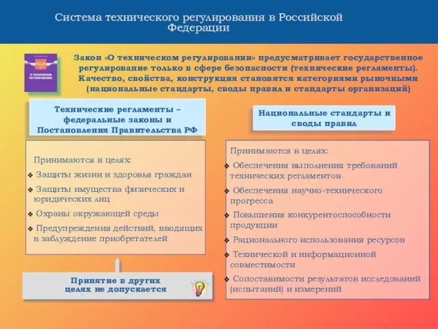 Система технического регулирования в Российской Федерации Закон «О техническом регулировании» предусматривает государственное