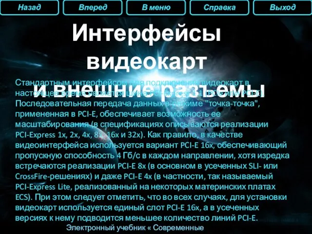 Назад Вперед В меню Справка Выход Электронный учебник « Современные видеокарты» Интерфейсы