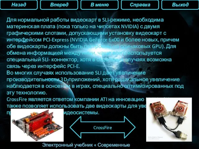 Назад Вперед В меню Справка Выход Электронный учебник « Современные видеокарты» Для