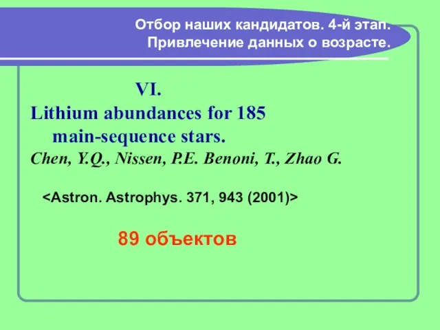 Отбор наших кандидатов. 4-й этап. Привлечение данных о возрасте. VI. Lithium abundances
