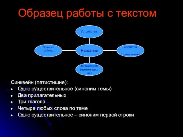 Образец работы с текстом Синквейн (пятистишие): Одно существительное (синоним темы) Два прилагательных