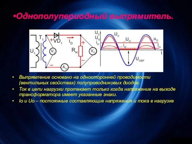 Однополупериодный выпрямитель. Выпрямление основано на односторонней проводимости (вентильных свойствах) полупроводниковых диодов. Ток