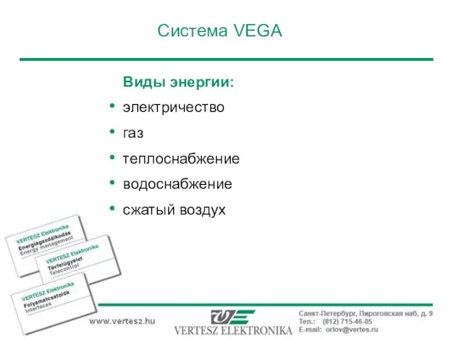 Виды энергии: электричество газ теплоснабжение водоснабжение сжатый воздух Система VEGA