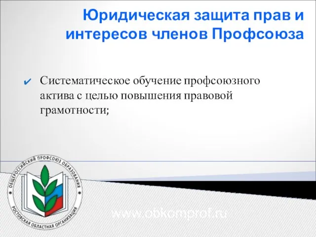 Юридическая защита прав и интересов членов Профсоюза Систематическое обучение профсоюзного актива с