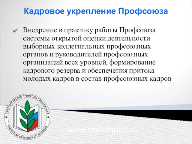 Кадровое укрепление Профсоюза Внедрение в практику работы Профсоюза системы открытой оценки деятельности