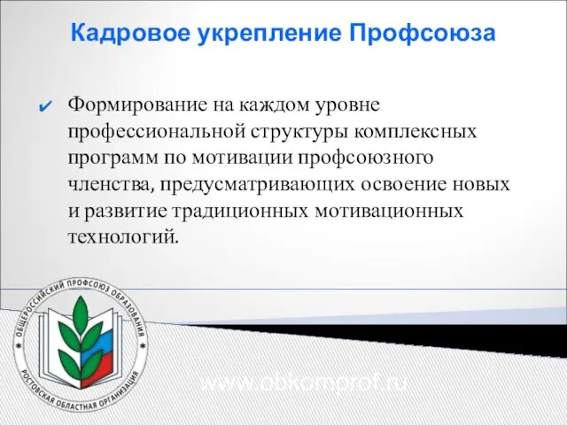 Кадровое укрепление Профсоюза Формирование на каждом уровне профессиональной структуры комплексных программ по