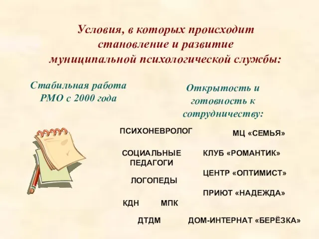 Условия, в которых происходит становление и развитие муниципальной психологической службы: Стабильная работа