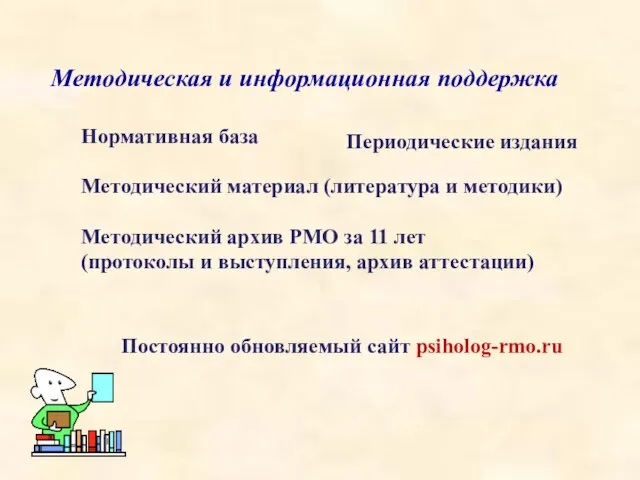 Методическая и информационная поддержка Периодические издания Нормативная база Методический материал (литература и