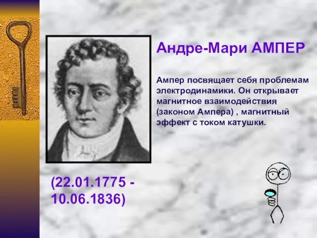 Андре-Мари АМПЕР Ампер посвящает себя проблемам электродинамики. Он открывает магнитное взаимодействия (законом