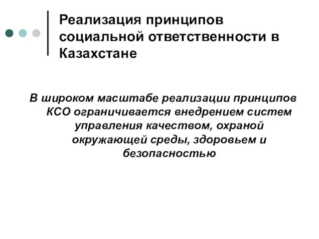 Реализация принципов социальной ответственности в Казахстане В широком масштабе реализации принципов КСО