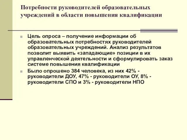 Потребности руководителей образовательных учреждений в области повышения квалификации Цель опроса – получение