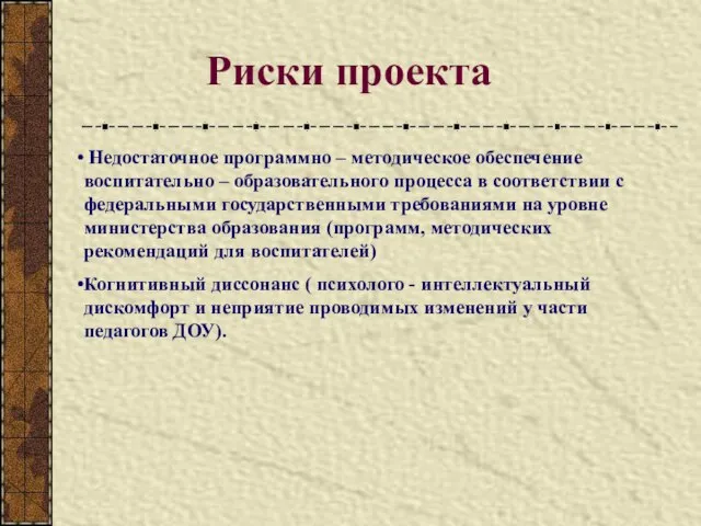 Риски проекта Недостаточное программно – методическое обеспечение воспитательно – образовательного процесса в