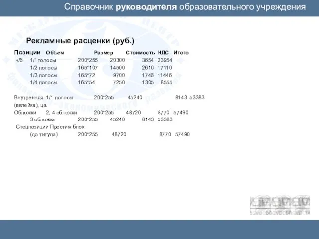 Справочник руководителя образовательного учреждения Рекламные расценки (руб.) Позиции Объем Размер Стоимость НДС