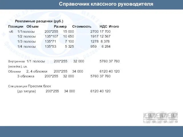 Справочник классного руководителя Рекламные расценки (руб.) Позиции Объем Размер Стоимость НДС Итого