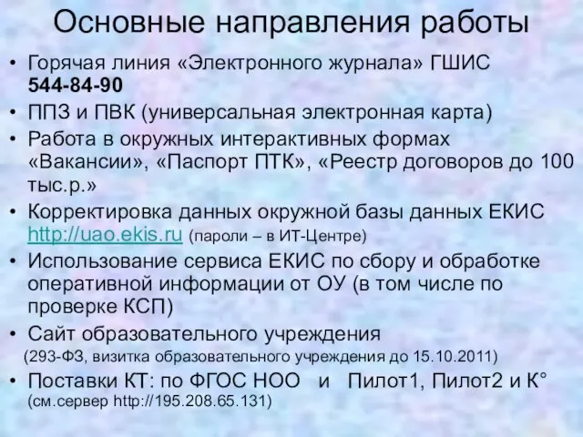 Основные направления работы Горячая линия «Электронного журнала» ГШИС 544-84-90 ППЗ и ПВК