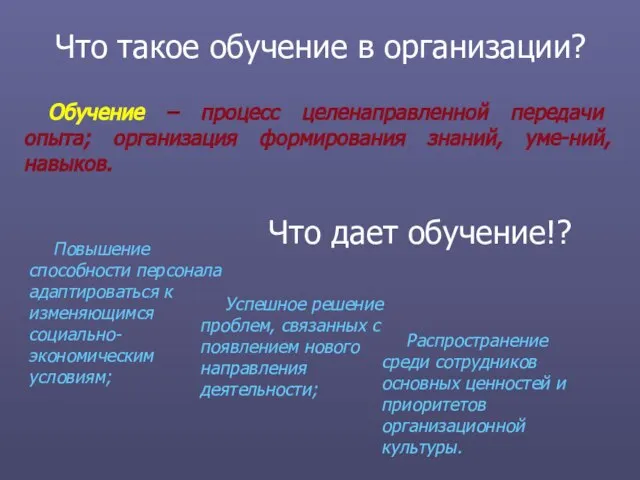 Что такое обучение в организации? Обучение – процесс целенаправленной передачи опыта; организация