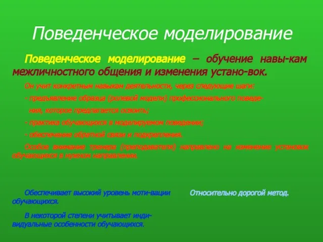 Поведенческое моделирование Поведенческое моделирование – обучение навы-кам межличностного общения и изменения устано-вок.