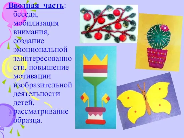 Вводная часть: беседа, мобилизация внимания, создание эмоциональной заинтересованности, повышение мотивации изобразительной деятельности детей, рассматривание образца.