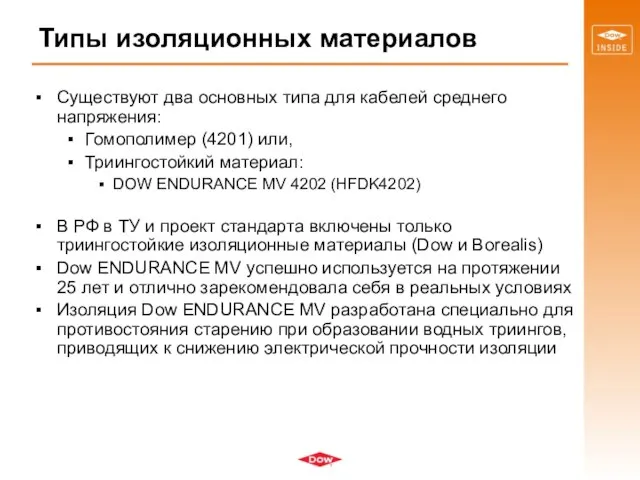 Типы изоляционных материалов Существуют два основных типа для кабелей среднего напряжения: Гомополимер