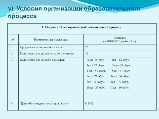 VI. Условия организации образовательного процесса