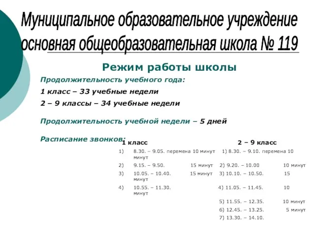 Муниципальное образовательное учреждение основная общеобразовательная школа № 119 Режим работы школы Продолжительность