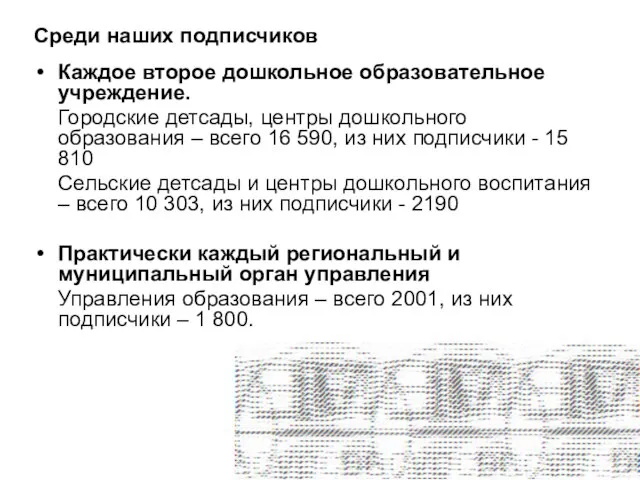 Подписчики в цифрах Среди наших подписчиков Каждое второе дошкольное образовательное учреждение. Городские