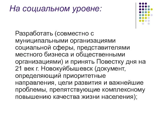 На социальном уровне: Разработать (совместно с муниципальными организациями социальной сферы, представителями местного