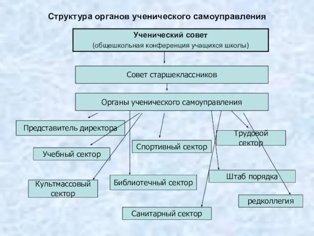 Структура органов ученического самоуправления Совет старшеклассников Органы ученического самоуправления Представитель директора Учебный