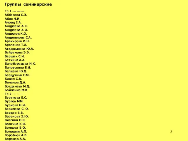 Группы семинарские Гр 1 --------- Аббасова С.Э. Абих Н.И. Алоец Е.А. Андреева
