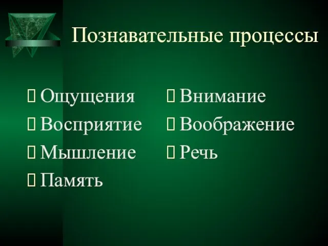 Познавательные процессы Ощущения Восприятие Мышление Память Внимание Воображение Речь