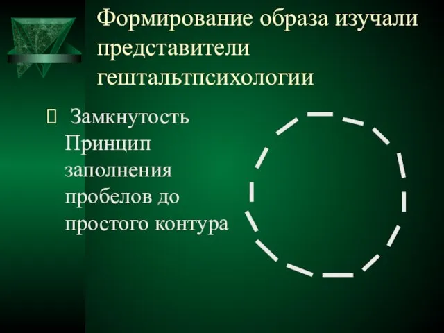 Формирование образа изучали представители гештальтпсихологии Замкнутость Принцип заполнения пробелов до простого контура