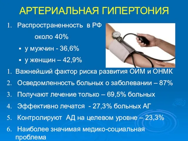 АРТЕРИАЛЬНАЯ ГИПЕРТОНИЯ Распространенность в РФ около 40% у мужчин - 36,6% у