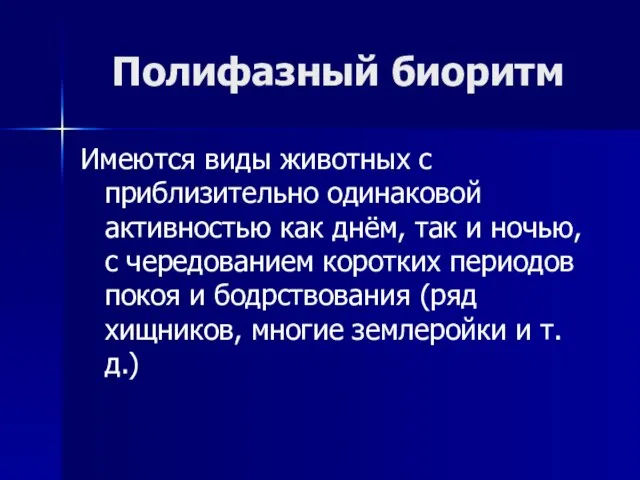 Полифазный биоритм Имеются виды животных с приблизительно одинаковой активностью как днём, так