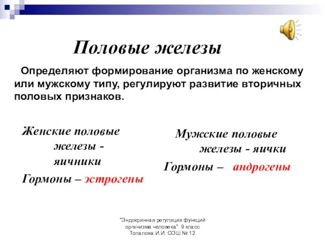 "Эндокринная регуляция функций организма человека" 9 класс Топалова И.И. СОШ № 12