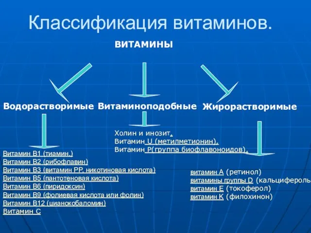 Классификация витаминов. ВИТАМИНЫ Водорастворимые Витаминоподобные Жирорастворимые Витамин В1 (тиамин,) Витамин В2 (рибофлавин)