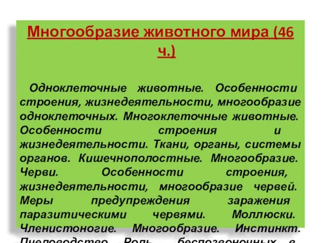 Многообразие животного мира (46 ч.) Одноклеточные животные. Особенности строения, жизнедеятельности, многообразие одноклеточных.