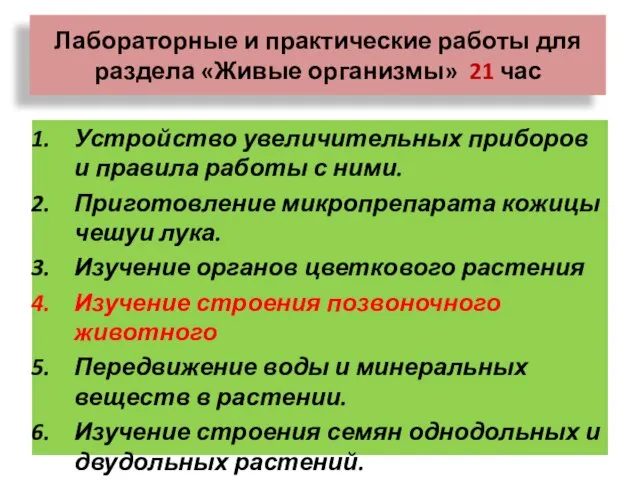 Лабораторные и практические работы для раздела «Живые организмы» 21 час Устройство увеличительных