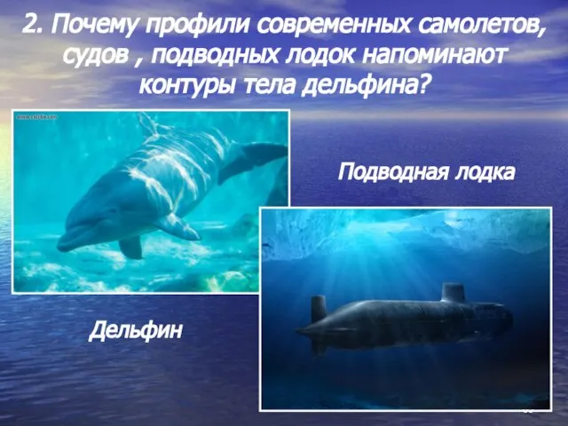 2. Почему профили современных самолетов, судов , подводных лодок напоминают контуры тела дельфина? Подводная лодка Дельфин