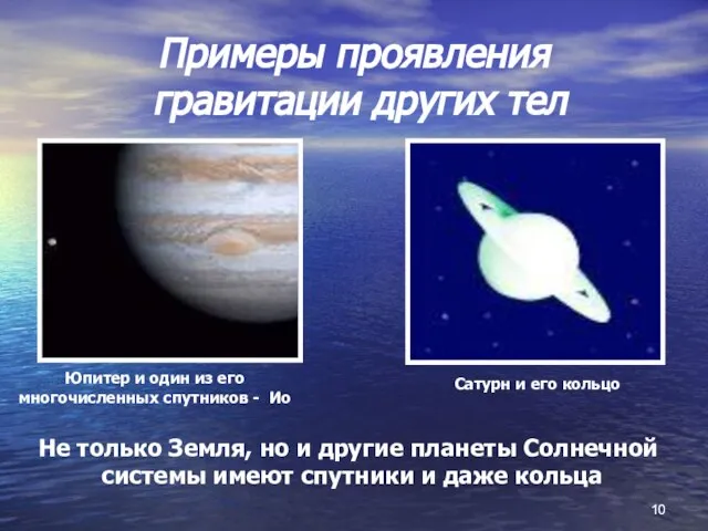 Примеры проявления гравитации других тел Юпитер и один из его многочисленных спутников
