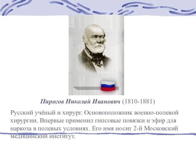 Пирогов Николай Иванович (1810-1881) Русский учёный и хирург. Основоположник военно-полевой хирургии. Впервые