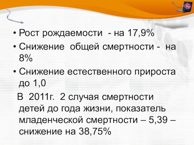 Рост рождаемости - на 17,9% Снижение общей смертности - на 8% Снижение