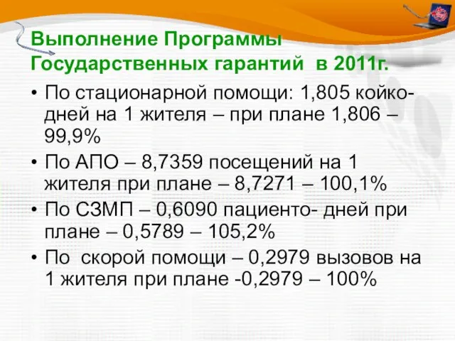 Выполнение Программы Государственных гарантий в 2011г. По стационарной помощи: 1,805 койко- дней