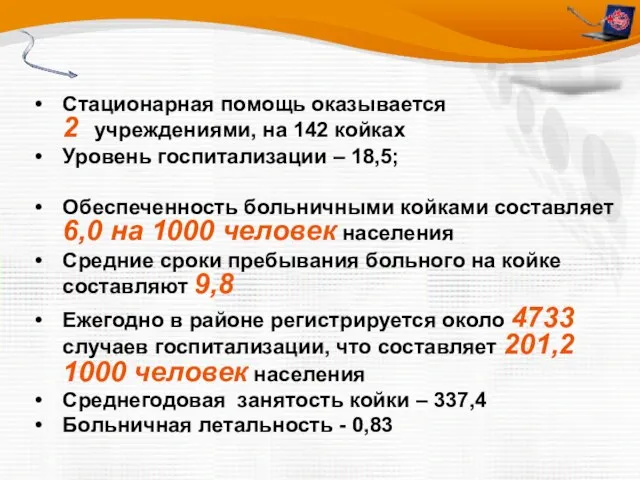 Стационарная помощь оказывается 2 учреждениями, на 142 койках Уровень госпитализации – 18,5;