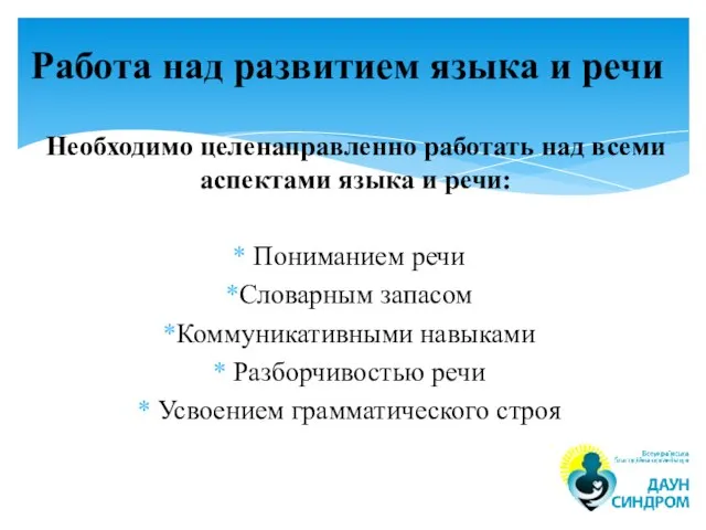 Необходимо целенаправленно работать над всеми аспектами языка и речи: Пониманием речи Словарным