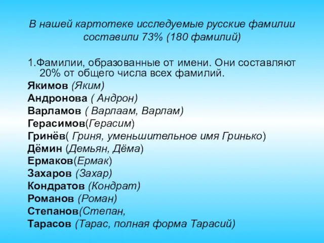 В нашей картотеке исследуемые русские фамилии составили 73% (180 фамилий) 1.Фамилии, образованные