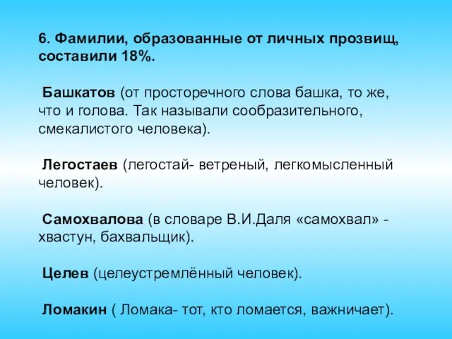 6. Фамилии, образованные от личных прозвищ, составили 18%. Башкатов (от просторечного слова