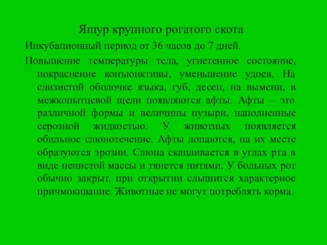 Ящур крупного рогатого скота Инкубационный период от 36 часов до 7 дней.