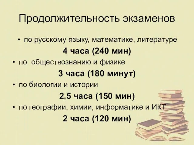 Продолжительность экзаменов по русскому языку, математике, литературе 4 часа (240 мин) по