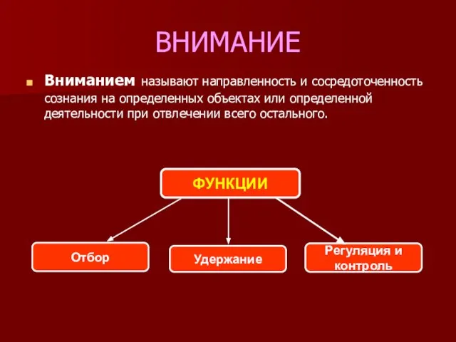 ВНИМАНИЕ Вниманием называют направленность и сосредоточенность сознания на определенных объектах или определенной